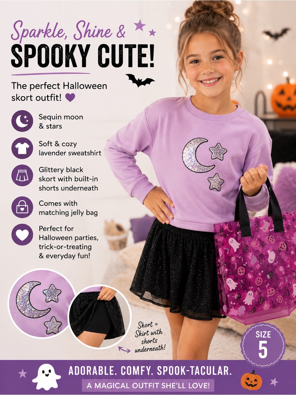 Lavender Sequin Moon Sweatshirt & Black Glitter Skort Set - Size 5